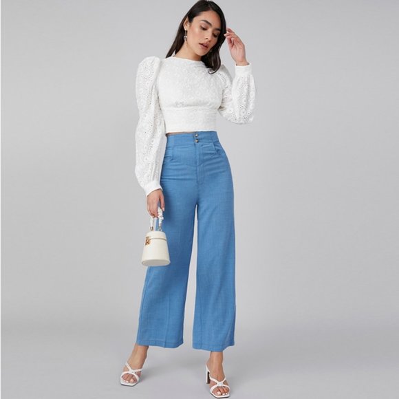 SHEIN PREMIUM 100% COTTON PUFF SLEEVE eyelet back zipper Crop TOP 2 - Picture 4 of 14